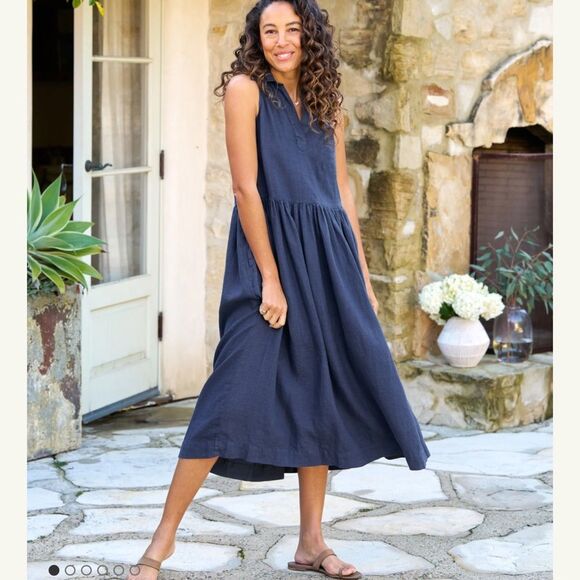 NWT Frank & Eileen Daphne Washed Linen Navy Maxi Dress Large - Picture 1 of 15